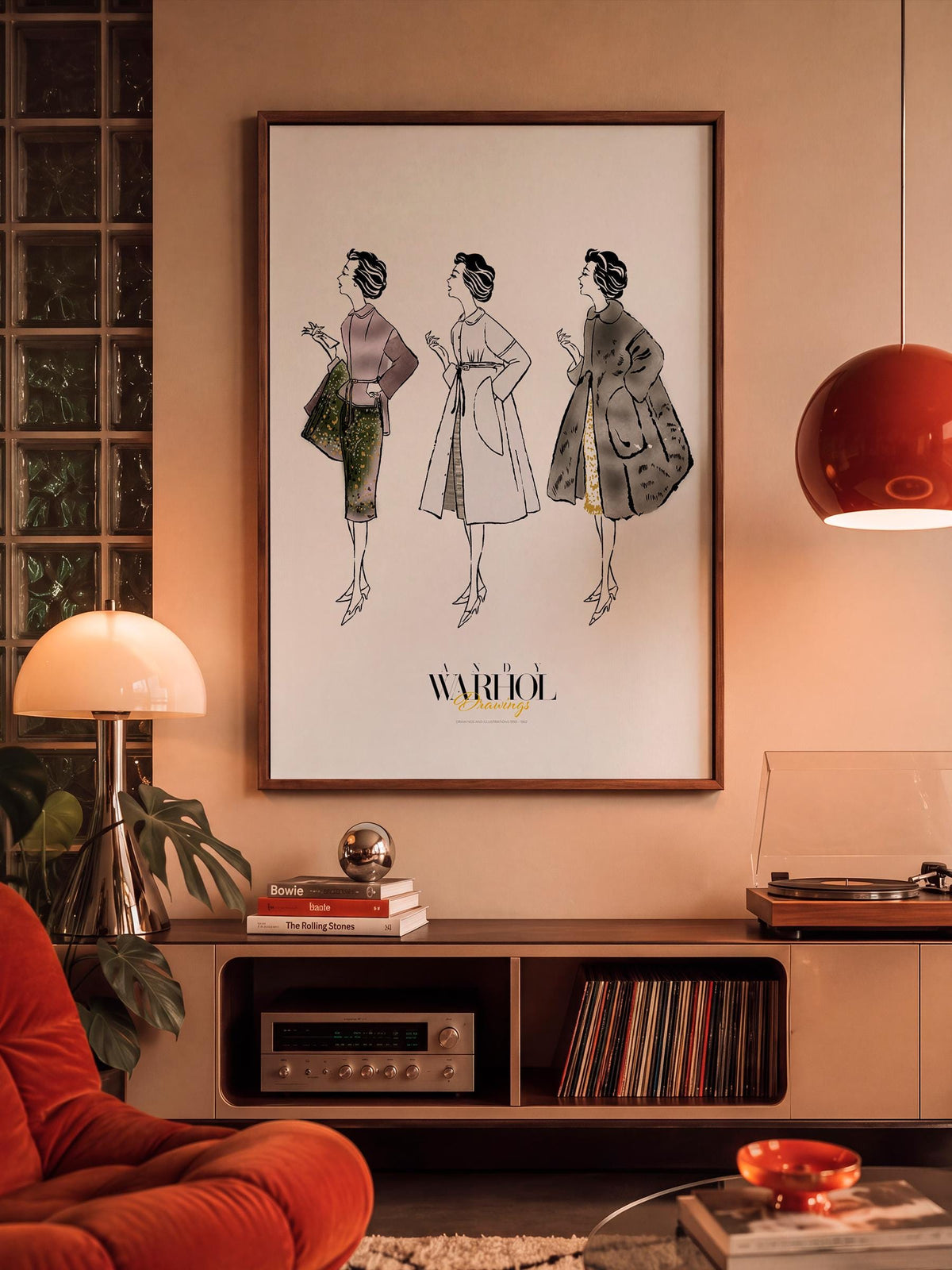 Three Female Fashion Figures Warhol Drawings mockup 2
